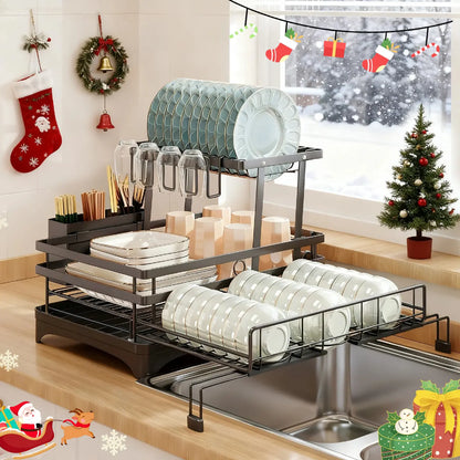 Foldable Over‑the‑Sink Dish Drying Rack, Pull‑Out 2‑Tier Dish Drainer with Utensil Holder, Space‑Saving Kitchen Organiser for Small Kitchens