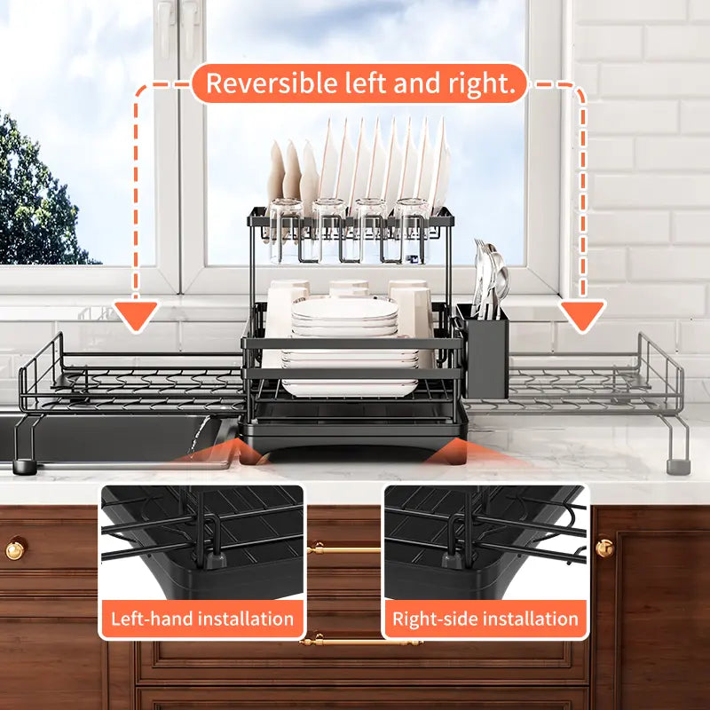 Foldable Over‑the‑Sink Dish Drying Rack, Pull‑Out 2‑Tier Dish Drainer with Utensil Holder, Space‑Saving Kitchen Organiser for Small Kitchens