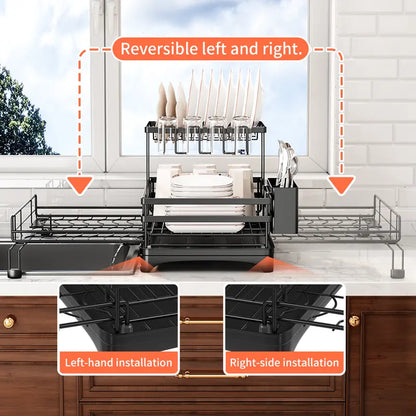 Foldable Over‑the‑Sink Dish Drying Rack, Pull‑Out 2‑Tier Dish Drainer with Utensil Holder, Space‑Saving Kitchen Organiser for Small Kitchens