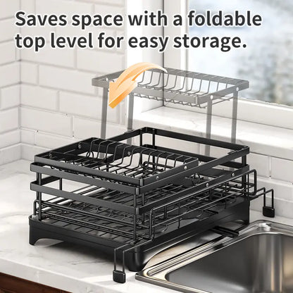 Foldable Over‑the‑Sink Dish Drying Rack, Pull‑Out 2‑Tier Dish Drainer with Utensil Holder, Space‑Saving Kitchen Organiser for Small Kitchens