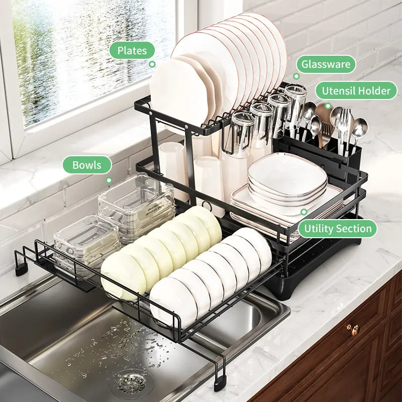Foldable Over‑the‑Sink Dish Drying Rack, Pull‑Out 2‑Tier Dish Drainer with Utensil Holder, Space‑Saving Kitchen Organiser for Small Kitchens