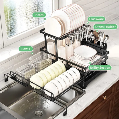 Foldable Over‑the‑Sink Dish Drying Rack, Pull‑Out 2‑Tier Dish Drainer with Utensil Holder, Space‑Saving Kitchen Organiser for Small Kitchens