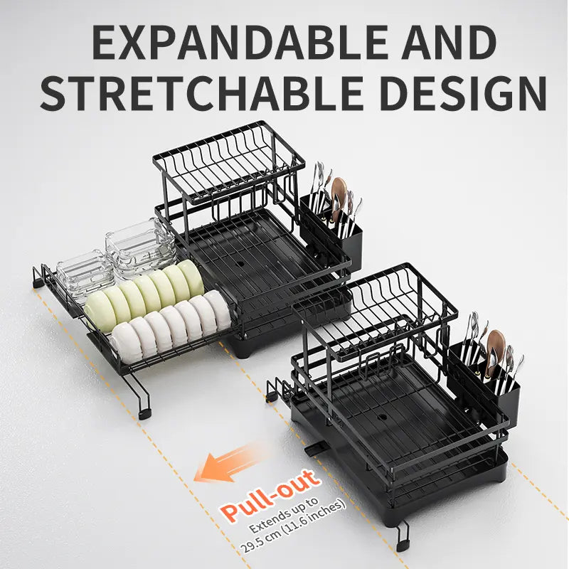 Foldable Over‑the‑Sink Dish Drying Rack, Pull‑Out 2‑Tier Dish Drainer with Utensil Holder, Space‑Saving Kitchen Organiser for Small Kitchens