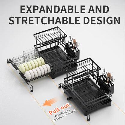 Foldable Over‑the‑Sink Dish Drying Rack, Pull‑Out 2‑Tier Dish Drainer with Utensil Holder, Space‑Saving Kitchen Organiser for Small Kitchens