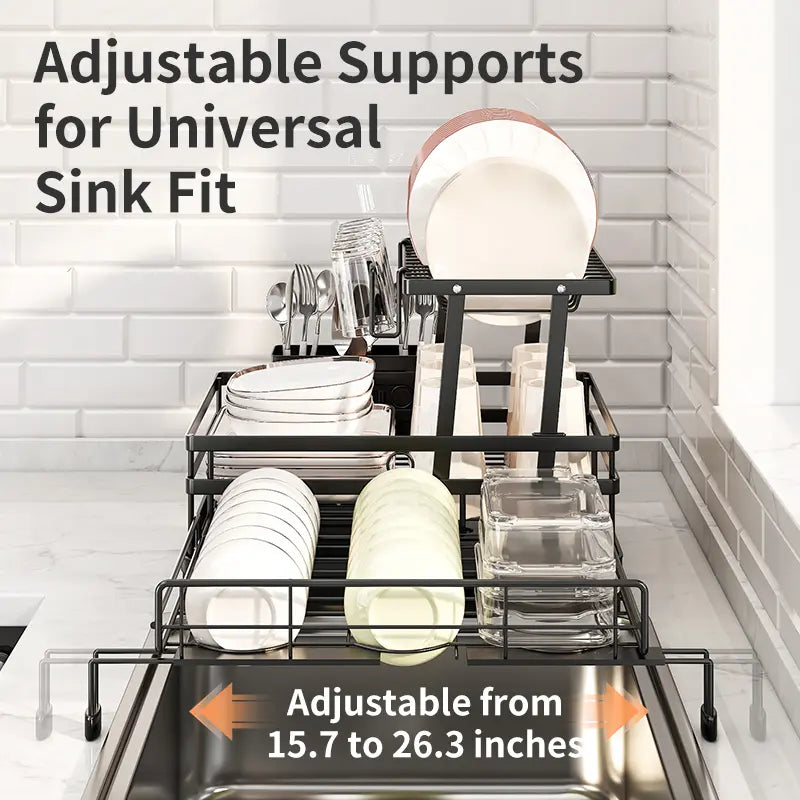 Foldable Over‑the‑Sink Dish Drying Rack, Pull‑Out 2‑Tier Dish Drainer with Utensil Holder, Space‑Saving Kitchen Organiser for Small Kitchens