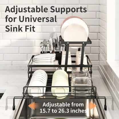 Foldable Over‑the‑Sink Dish Drying Rack, Pull‑Out 2‑Tier Dish Drainer with Utensil Holder, Space‑Saving Kitchen Organiser for Small Kitchens
