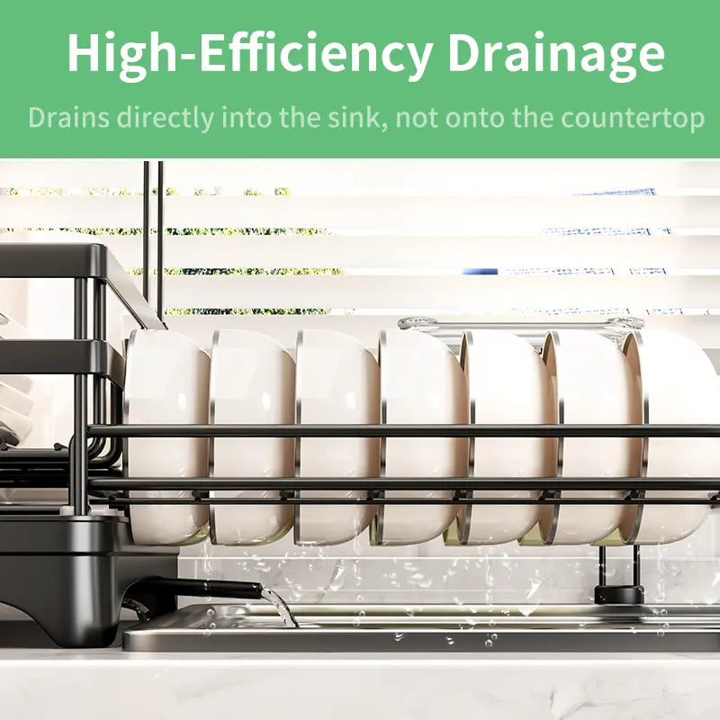Foldable Over‑the‑Sink Dish Drying Rack, Pull‑Out 2‑Tier Dish Drainer with Utensil Holder, Space‑Saving Kitchen Organiser for Small Kitchens