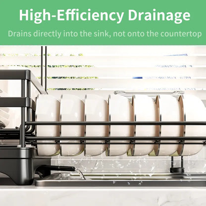 Foldable Over‑the‑Sink Dish Drying Rack, Pull‑Out 2‑Tier Dish Drainer with Utensil Holder, Space‑Saving Kitchen Organiser for Small Kitchens