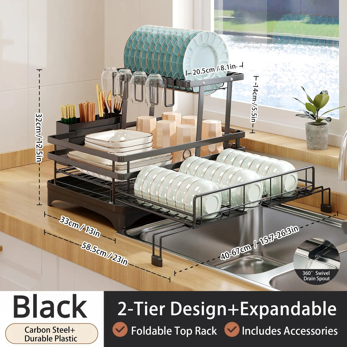 Foldable Over‑the‑Sink Dish Drying Rack, Pull‑Out 2‑Tier Dish Drainer with Utensil Holder, Space‑Saving Kitchen Organiser for Small Kitchens